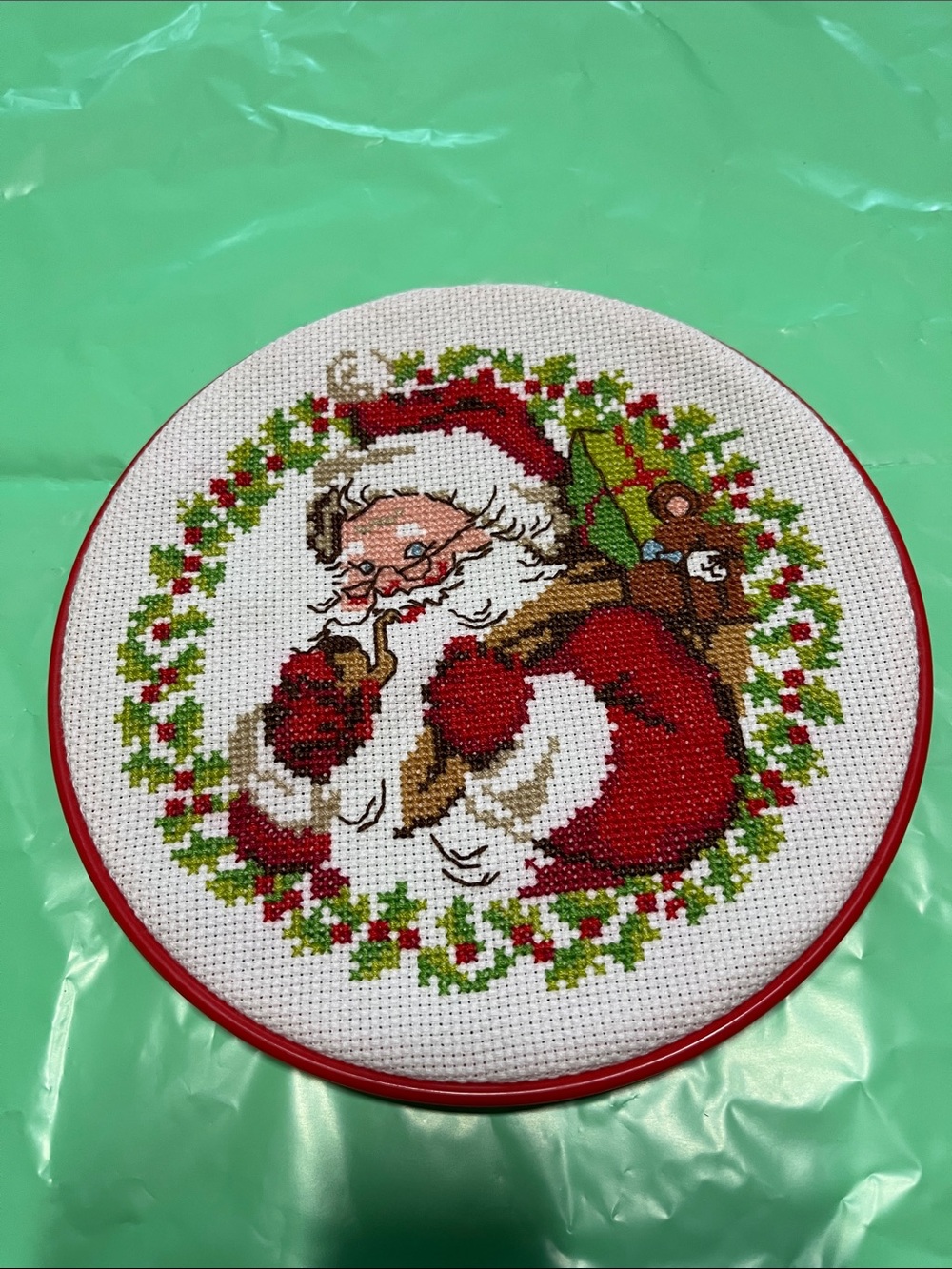 Handcrafted Red Santa Cross-Stitch Holiday Hoop- 7”